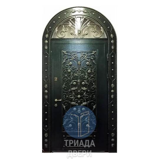 наружная дверь с ковкой и арочной фрамугой