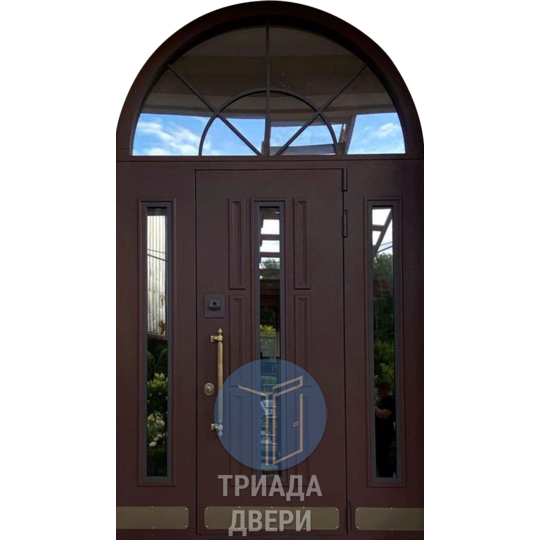 арочная парадная дверь с зеркальными элементами в коттедж