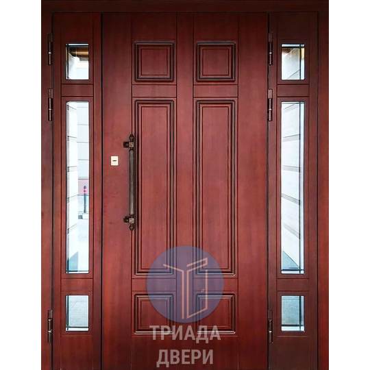 двустворчатая металлическая дверь с боковыми вставками и стеклом в дом