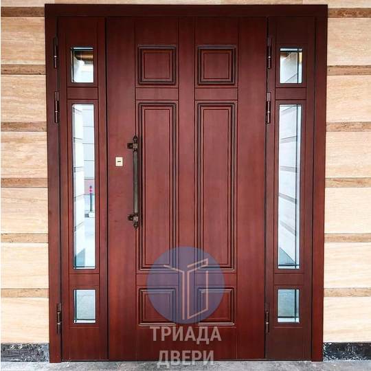 двустворчатая металлическая дверь с боковыми вставками и стеклом в дом - фото 1